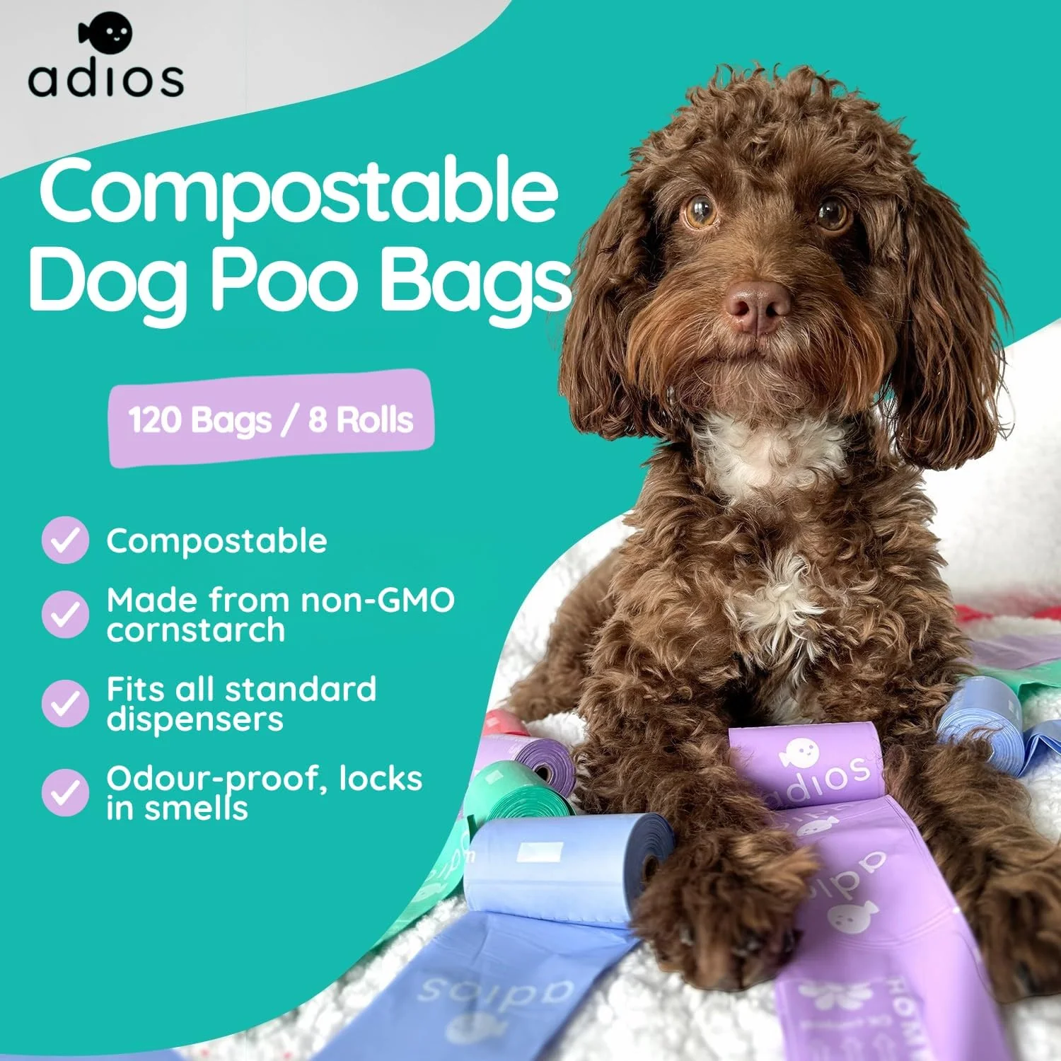 Rainbow Compostable Poo Bags, 120 Bags (8 Rolls) - Image 4